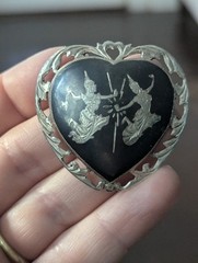 Vintage Siam Sterling Heart Black Niello Brooch Pin Lightning Goddess Love Art