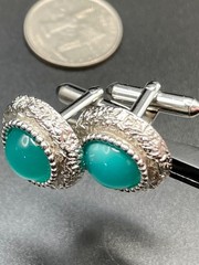 Vintage Brutalist Silver Tone Teal Cat Eye Cabochon Cufflinks Round Textured
