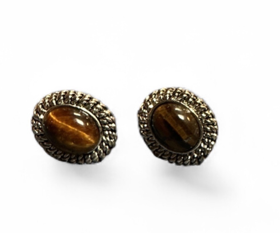 Vintage Avon Oval Silver Tone Setting & Tiger’s Eye Cabochons Clip on Earrings
