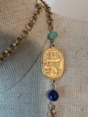 Vintage Egyptian Revival 46” Art Glass Bead & Hieroglyphic Tablets Necklace WOW!