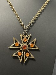 Vintage Edlee Pendant Necklace Maltese Cross Rhinestone Starburst Gold Tone 30”