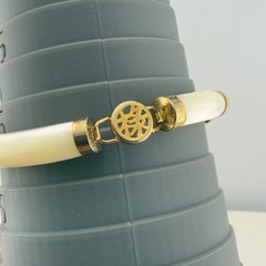 Chinese Longevity Mother Of Pearl Bracelet Safety Chain 7in Gold Tone