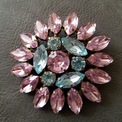 Vintage Pink and Blue Marquise Rhinestone Floral Brooch