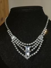Vintage Silver Plate Blue Rhinestone Baguette Emerald Cut Collar Necklace 15”
