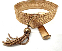 Art Deco Byzantine Greek Key Chain Tassel Gold Tone Mesh Slide Bracelet!