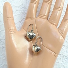 Vintage 3-D Puffy HEART Drop Dangle Pierced Earrings 925 Sterling Silver 1 1/8”