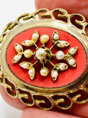 VTG Coro Faux Pearl Salmon Color Enamel Filigree 1950s 1960s Brooch