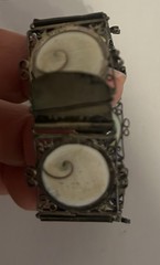 Victorian Silver Tone Filligree Opercullum/Shiva Eye Shells Link Bracelet # 9107