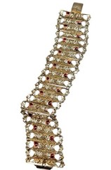 Vintage Italian 800 Silver Gold Plated Filigree Panel Bracelet 7.25″ Red Enamel
