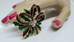 Rhinestone Enamel Green and Red Christmas Bow Brooch Pin Pendant 2″