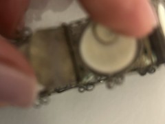 Victorian Silver Tone Filligree Opercullum/Shiva Eye Shells Link Bracelet # 9107