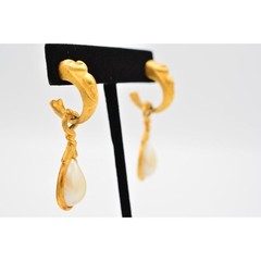 Vintage Dangle Earrings Pearl Teardrop Cabochon Hoop Brushed Gold 1980s BinAG