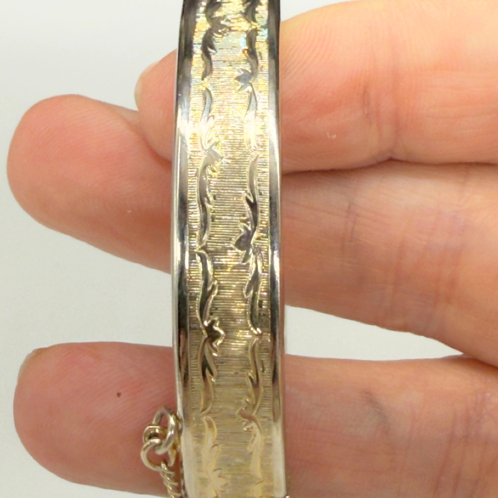 Vintage Coro Bracelet Gold Tone Etched Bangle Size 7 Signed Safety Chain