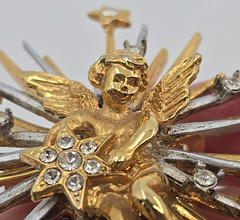 Vintage Angel Cherub Stars Mix Metal Rhinestone Starburst Brooch or Pendant 3″