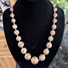 Vintage Murano Venetian Art Glass Necklace, Wedding Cake beads Ivory Gold Pink!