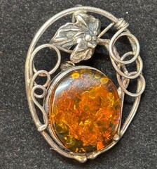 925 Sterling Silver Amber Pendant Brooch Pin|Scrollwork Leaf Frame|Cognac|#J19
