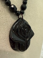 Black Onyx Necklace With Carved Rose Pendant And Graduated Faceted Beads 17.5”
