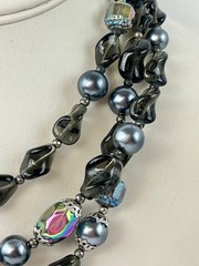 Vintage Crown Trifari 3 Strand Gray Black Iridescent Irregular Beaded Necklace