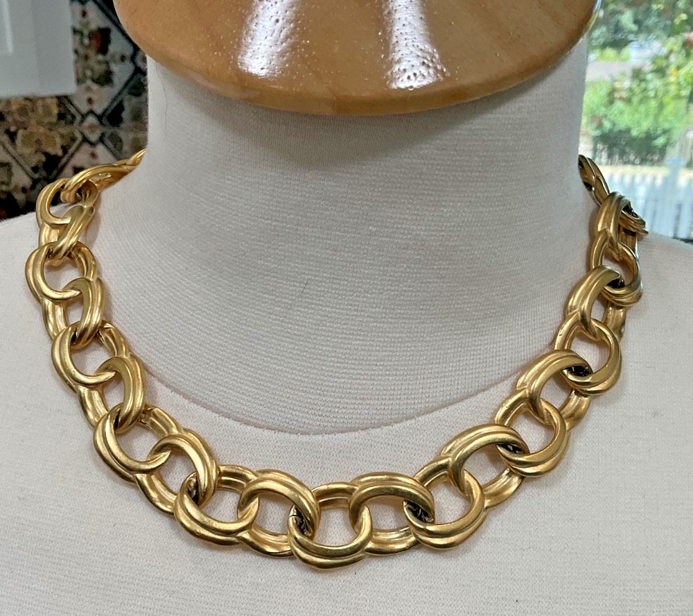 Signed Anne Klein Brushed Gold Tone Double Link Statement Choker Necklace