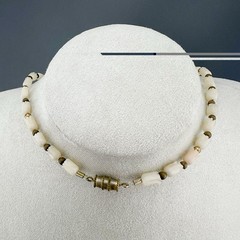 Vintage Mother of Pearl Necklace Iridescent Bezel Pendant Carved Shell 16”