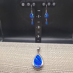 Vintage Mexico Sterling Silver Blue Opal Inlay Pendant Earring Set Blue