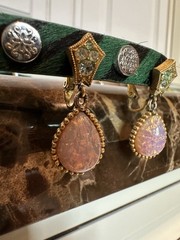 Vintage rare Crown Trifari Pave Rhinestones & Faux Opal Dangle Clip Earrings