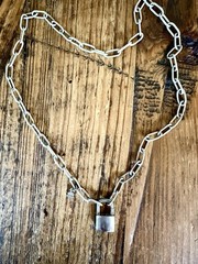 Vintage Golden Clef Sterling Silver Padlock Necklace On Paperclip Chain Italy