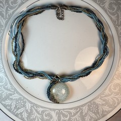 Vintage Multi Strand Beaded Choker Necklace Teal Blue Crystal Stone Pendant Boho