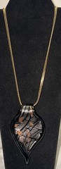 Vintage Black Silver & Gold Stone Art Glass Pendant Necklace JDU-47