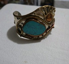 Lot 3 Vtg Unmarked Artisan Mixed Metal Cuff Bracelets Copper Brass Stone