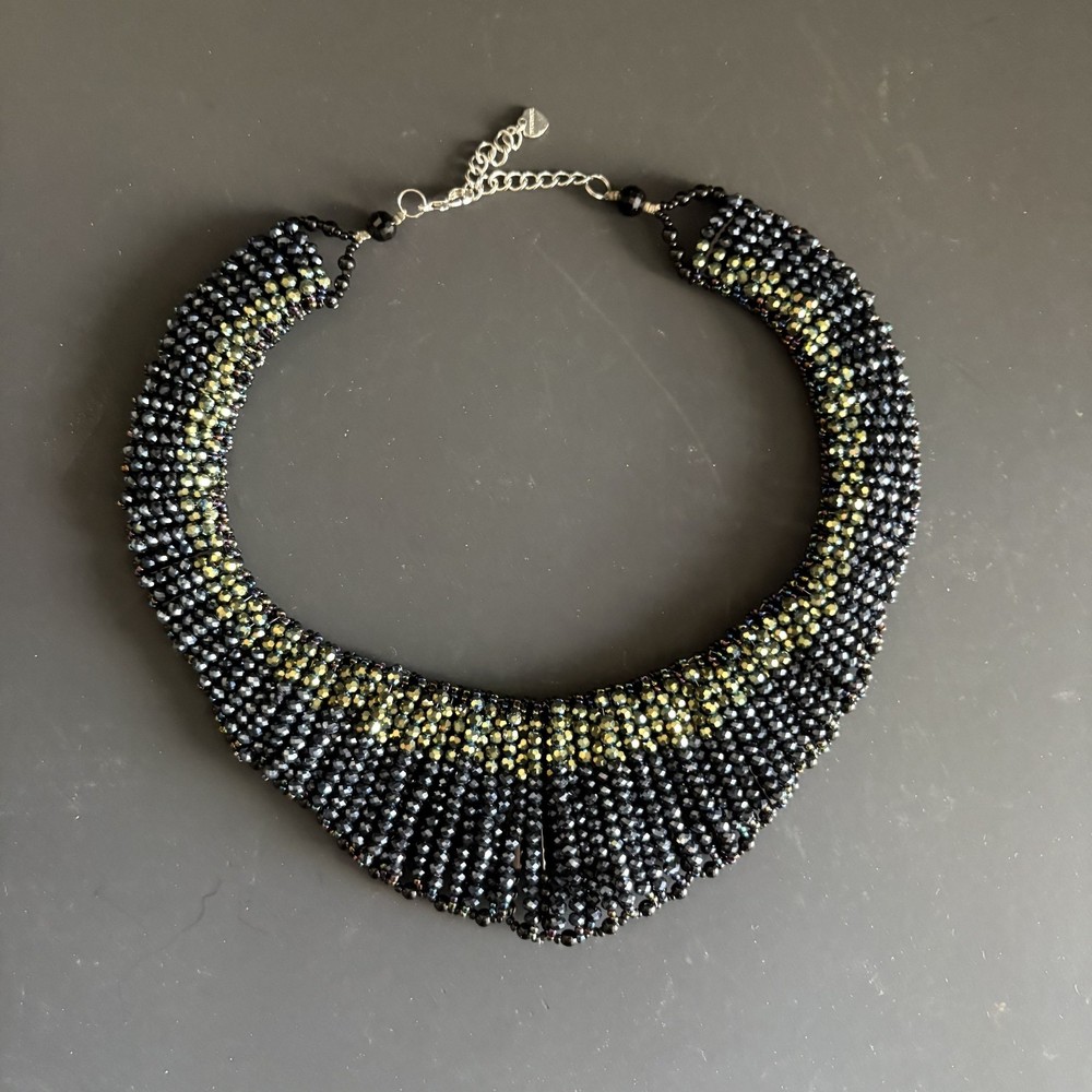Beaded Bib Statement Waterfall Dark Iridescent Beaded Necklace – Heart Charm