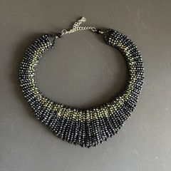 Beaded Bib Statement Waterfall Dark Iridescent Beaded Necklace – Heart Charm