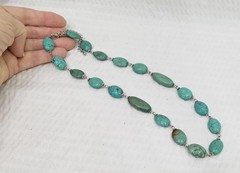 Vintage Linked Oval Turquoise Stone Bead and Silver Tone Necklace