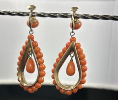 Vintage Orange Coral Dangle Teardrop Screwback Earrings -14K Gold Screw!