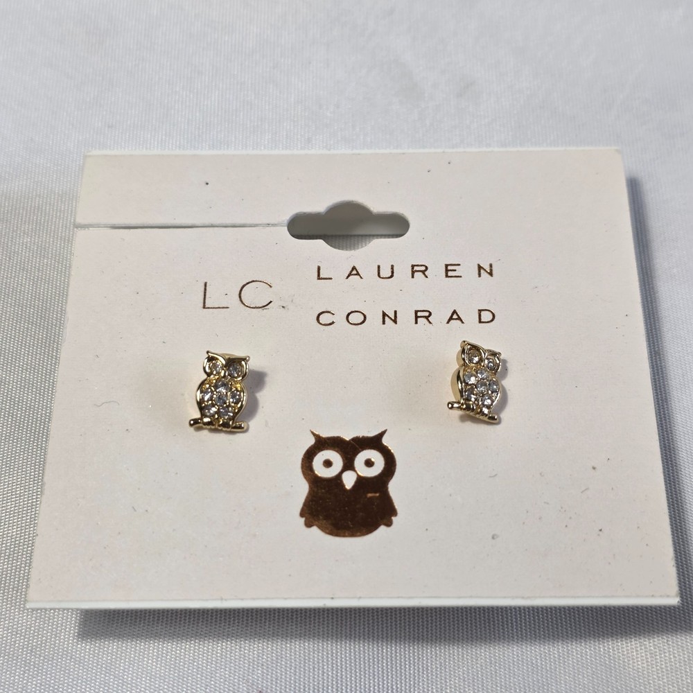LC Lauren Conrad Owl Stud Earrings Gold Tone White Rhinestone Nickel Free