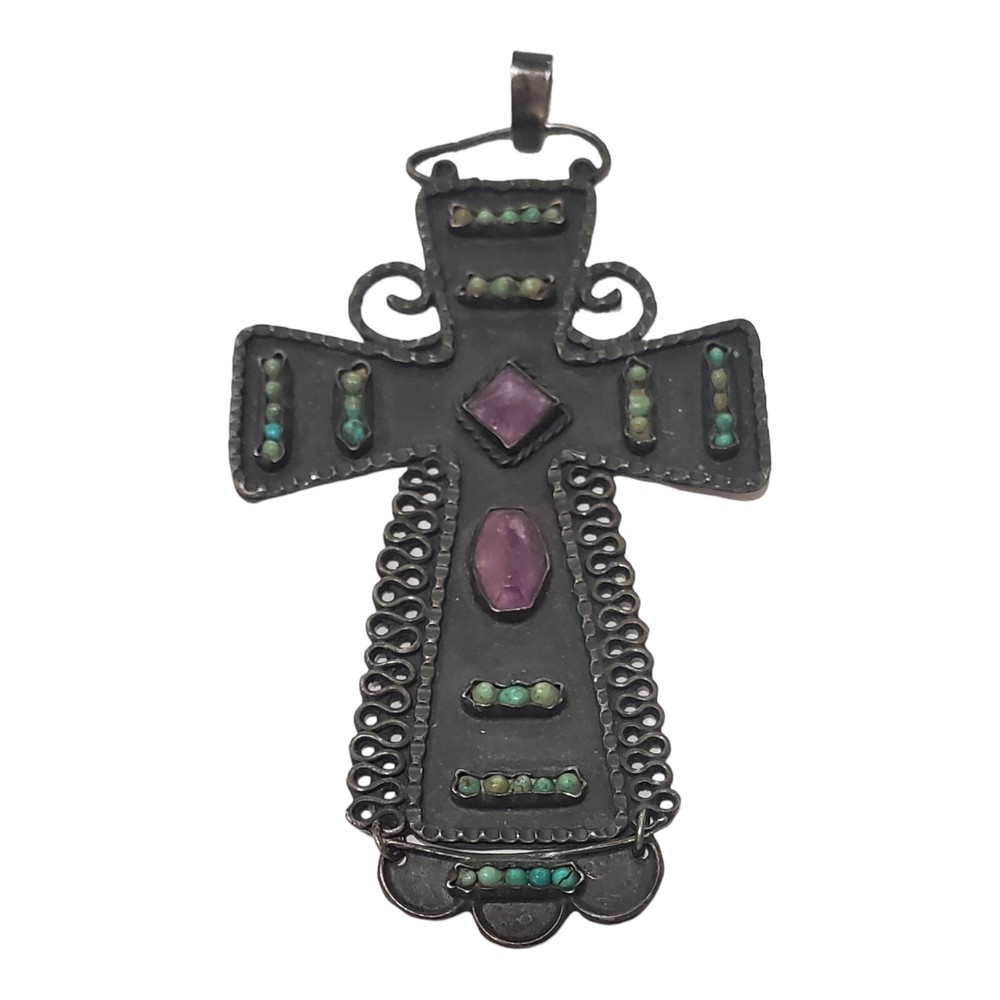 Gustavo Martinez Sterling Silver Cross Pendant Reticulated Amethyst Turquoise