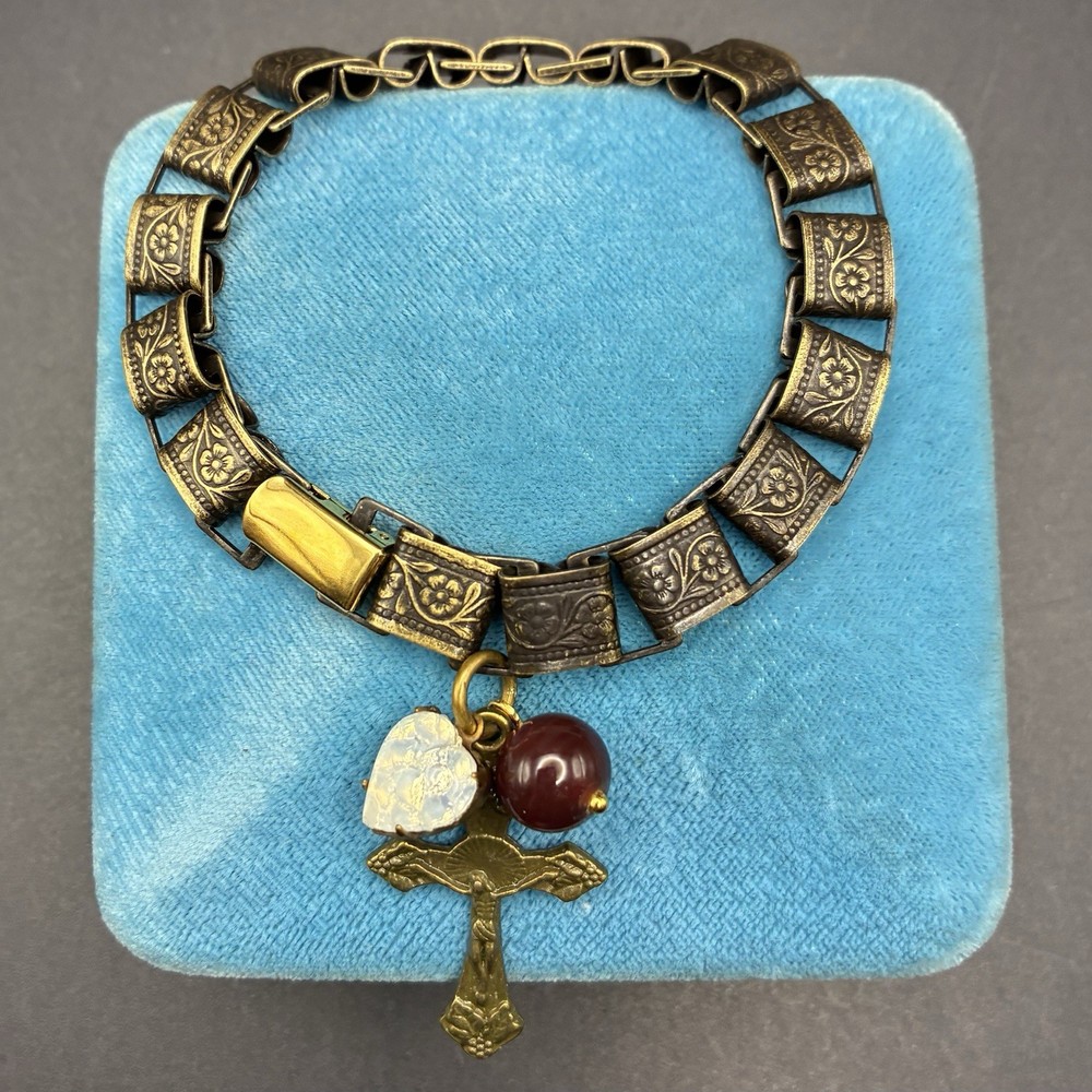 Vintage Japan Glass & Faux Opal Heart Charms, New Antiqued Gold Book Chain,Cross