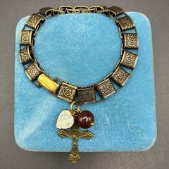 Vintage Japan Glass & Faux Opal Heart Charms, New Antiqued Gold Book Chain,Cross