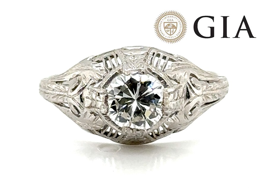 Art Deco Mined Diamond Ring GIA Certified .58ct Platinum Antique Original 1930s