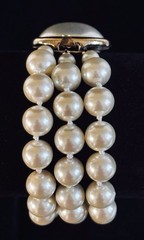 Faux Pearl Triple Strand Bracelet Carol Lee Signed Oval Cabochon Pearl Clasp 7”