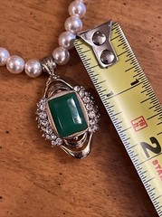 Vintage Designer Lanvin Emerald Rhinestone? Pendant 14k Gold Pearl Necklace