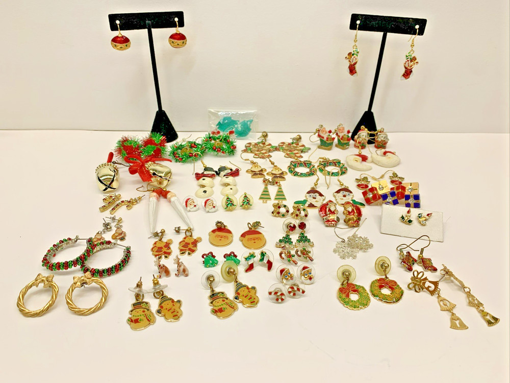 Vintage To Modern Lot of 40 Christmas Holiday Pierced Earrings Costume Jewelry