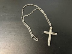 Brutalist Cross Necklace Large Rustic Pendant Wood Look Silver Tone Christian