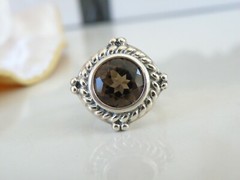 Sterling Silver 925 Heated Smoky Quartz Etruscan Style Chunky Ring Size 6