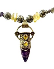 Crystal Necklace Amethyst Amber Color Unk Origin Huge Swing Pendant Handcrafted