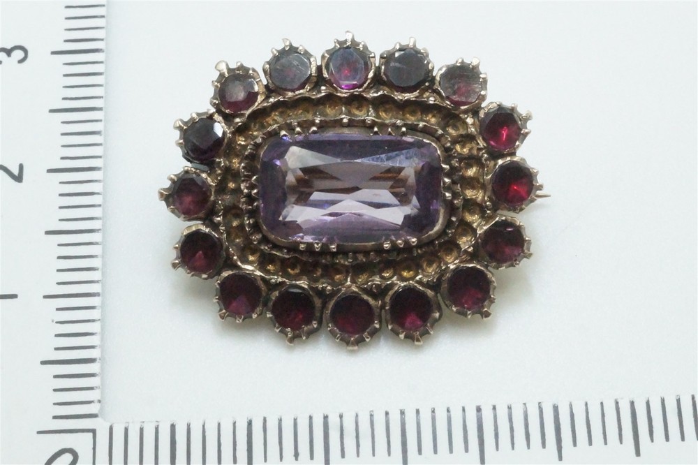 ANTIQUE ENGLISH 12K GOLD AMETHYST PEARL PIN BROOCH c1830