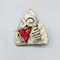 Art Deco Red Art Glass Crystal Accent Pot Metal Silver Tone Dress Clip Brooch
