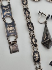 Rare Antique 1940s Siam Sterling Silver Niello Jewelry His And Hers Complete Set