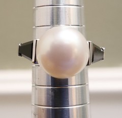 Art Deco ring QVC white pearl black crystals 925 sterling silver signet Size 5
