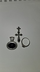 3pc Mixed Jewelry Lot 925 Silver Ring w/ Onyx & Cross, Oval Onyx Pendants